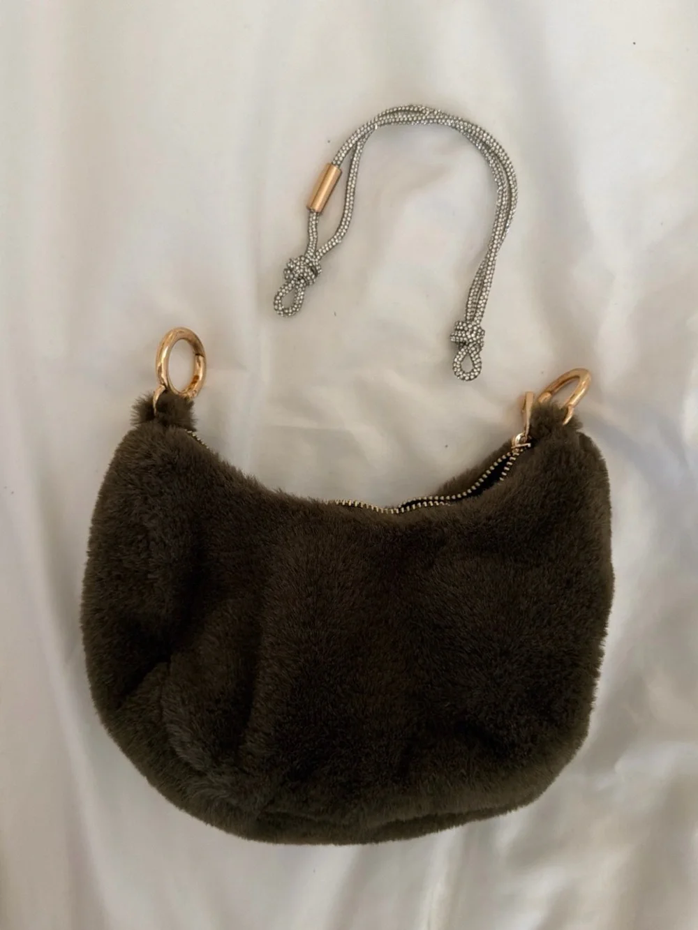 Olive Faux-Fur Shoulder Bag with Gold Rings
